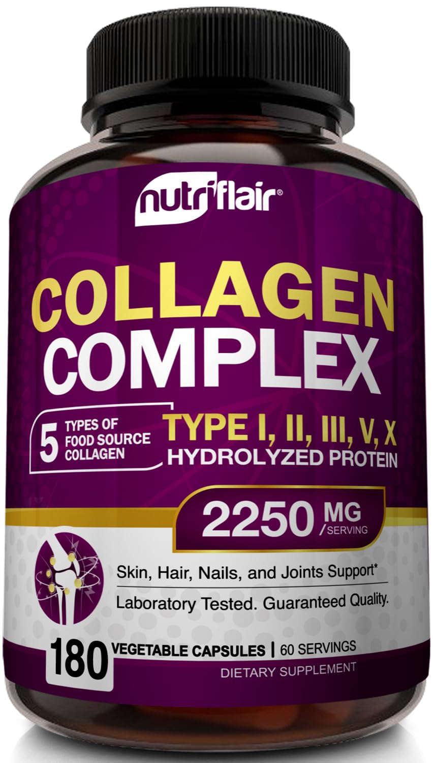 NutriFlair multi collagen capsules bottle supports healthier hair, skin, and nails.
