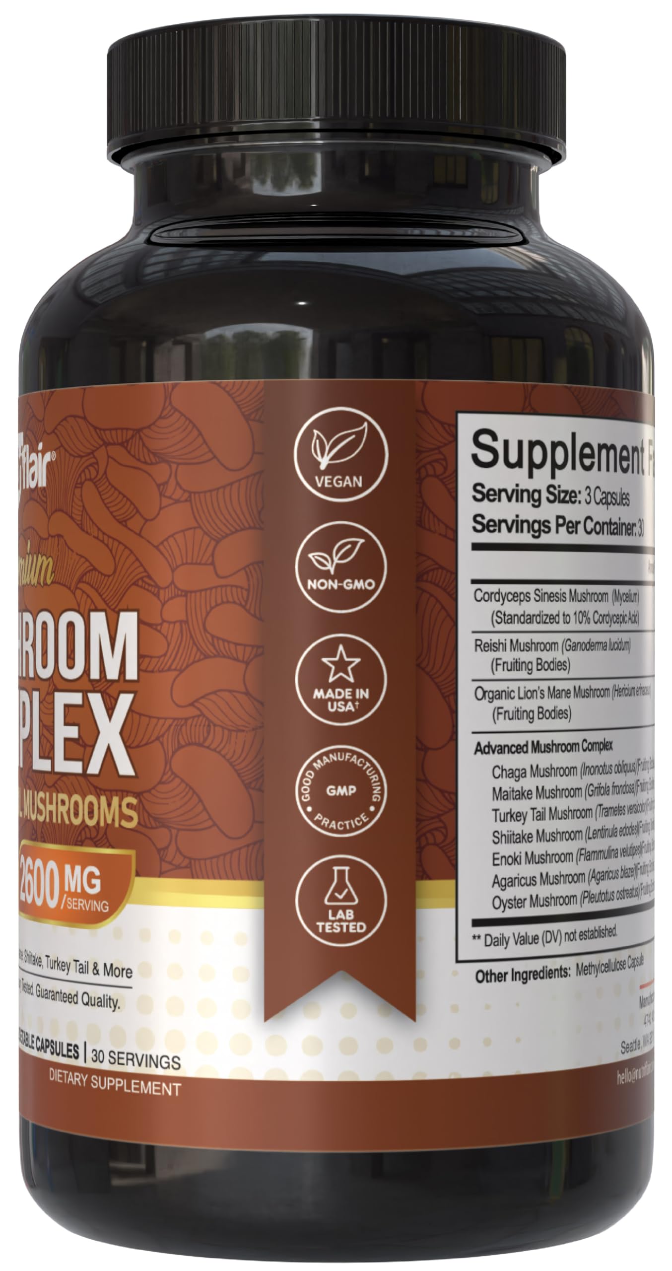 NutriFlair 10-mushrooms blend label signaling immune and energy support
