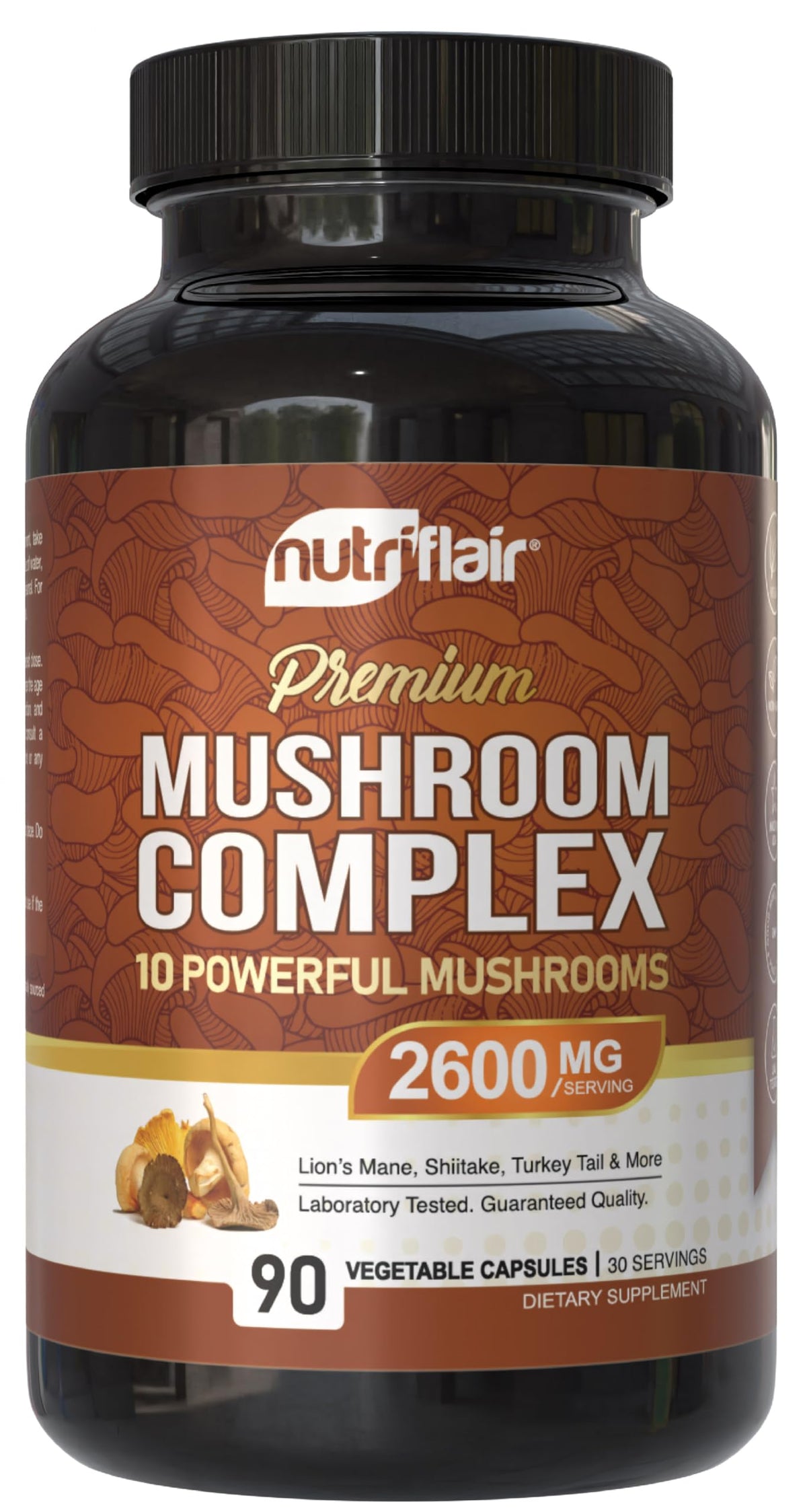 NutriFlair Mushroom Supplement bottle with 2600mg blend for daily wellness