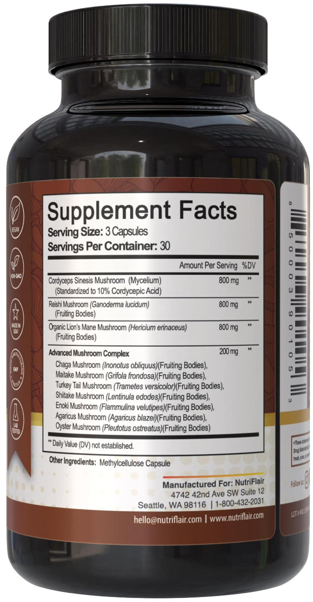 NutriFlair mushroom capsules close-up highlighting vegan, gluten-free formula for brain focus