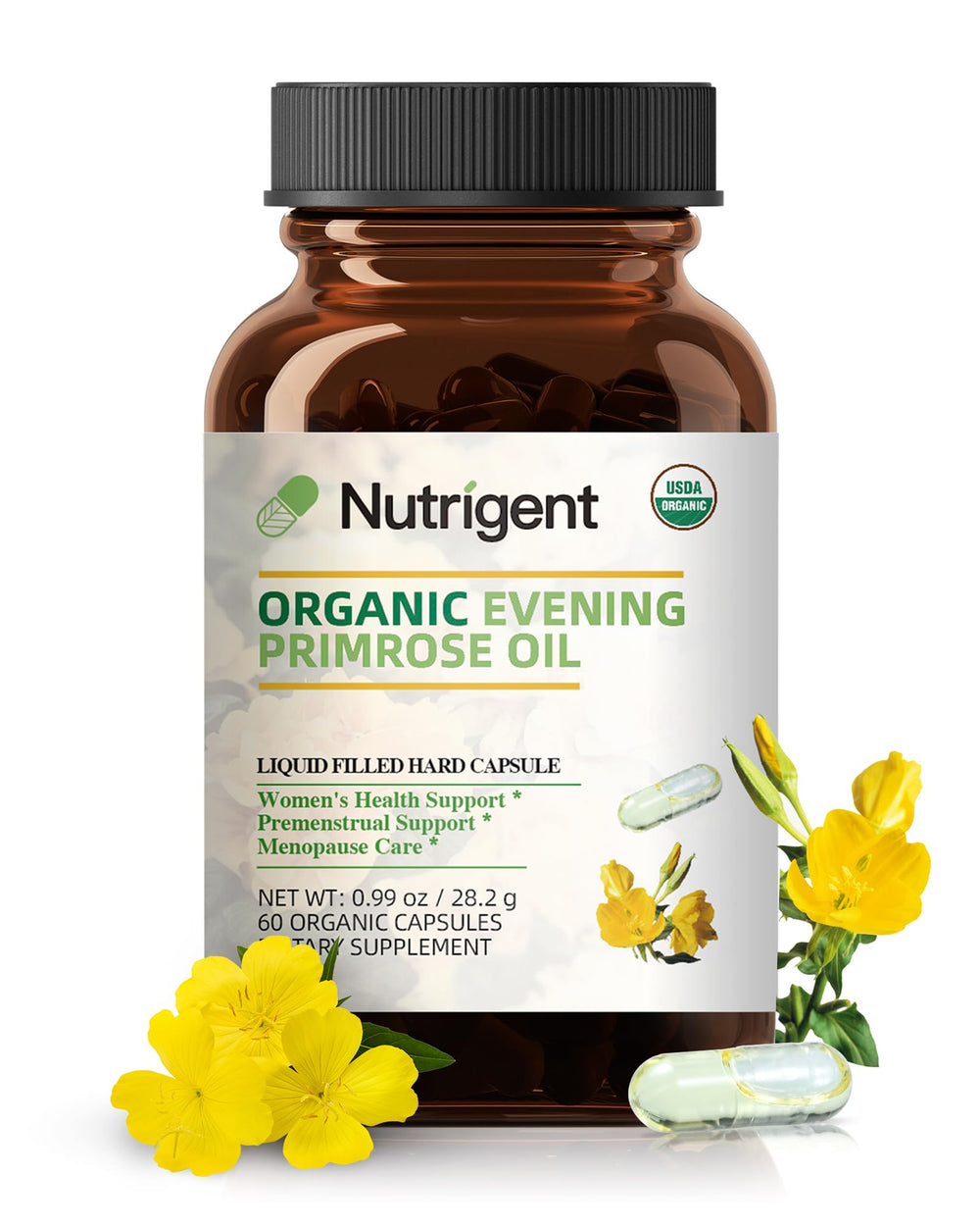 Nutrigent Evening Primrose Oil capsule closeup showing easy to swallow