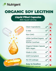 Nutrigent soy lecithin liquid capsules closeup highlights organic certification and quality sourcing.