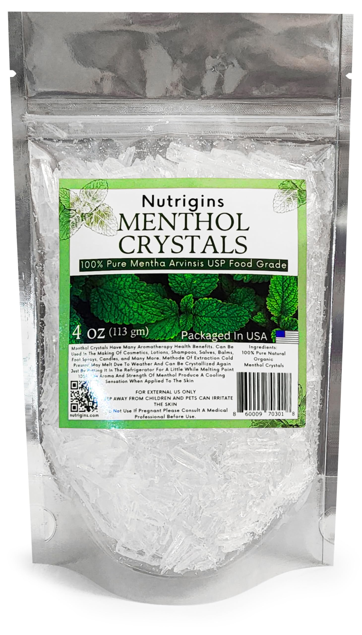 Nutrigins cristales de mentol en bolsa de 4oz, aroma fresco para aromaterapia.