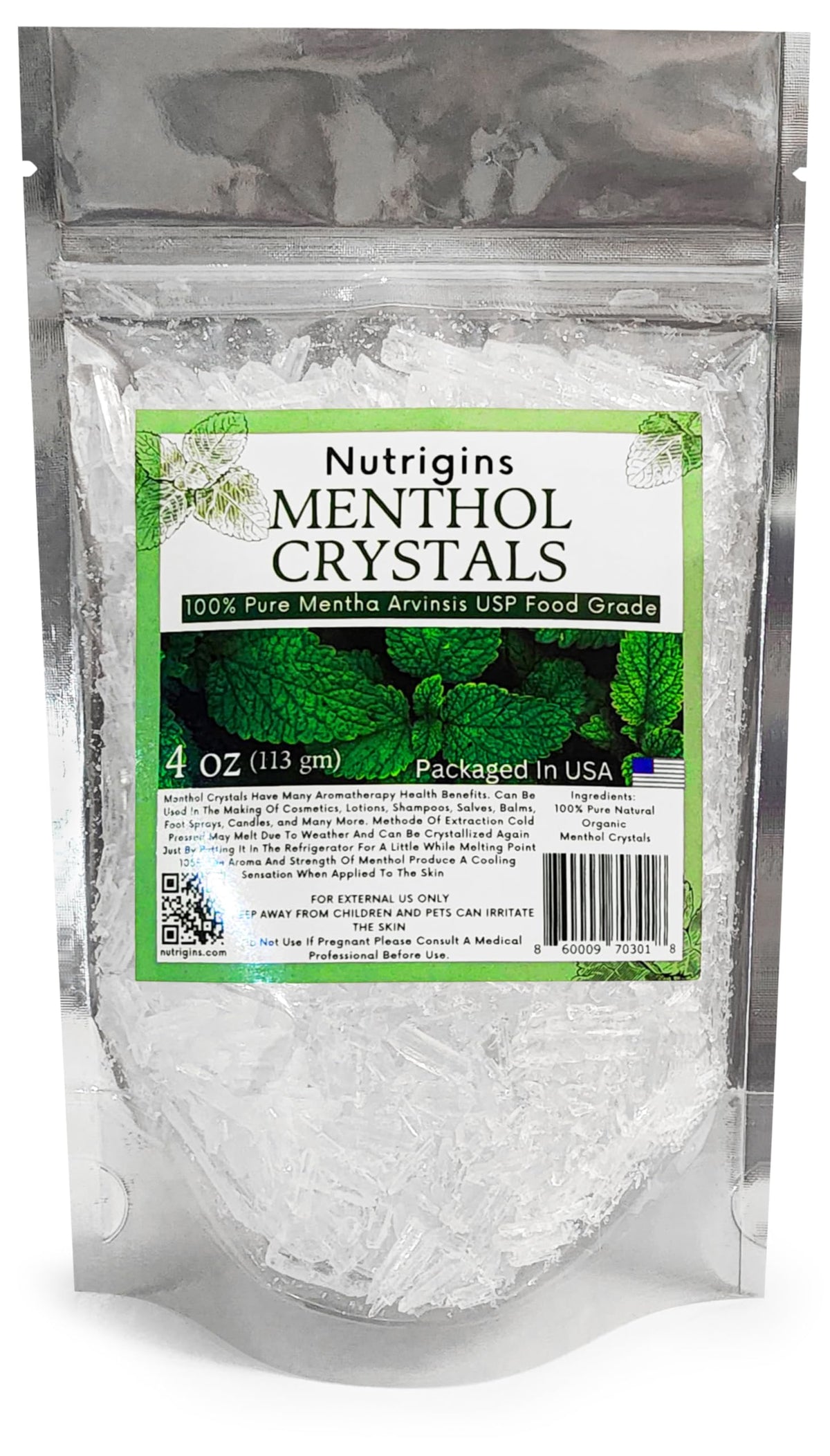 Nutrigins cristales de mentol en bolsa de 4oz, aroma fresco para aromaterapia.