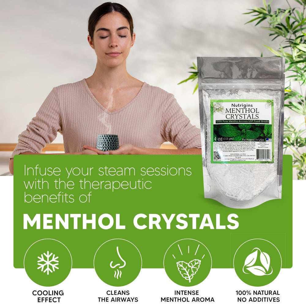 Nutrigins cristales de mentol, etiqueta botánica Mentha arvensis.