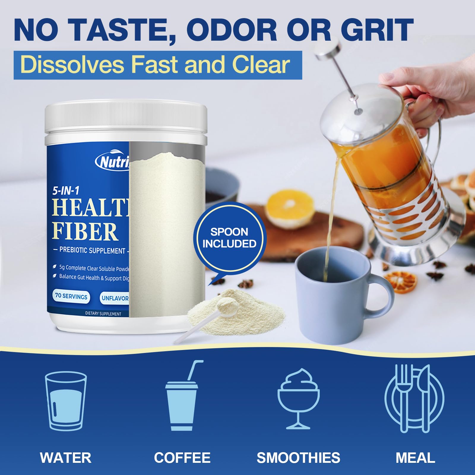 NutriGut fiber powder dissolves clearly in water for smooth mixing
