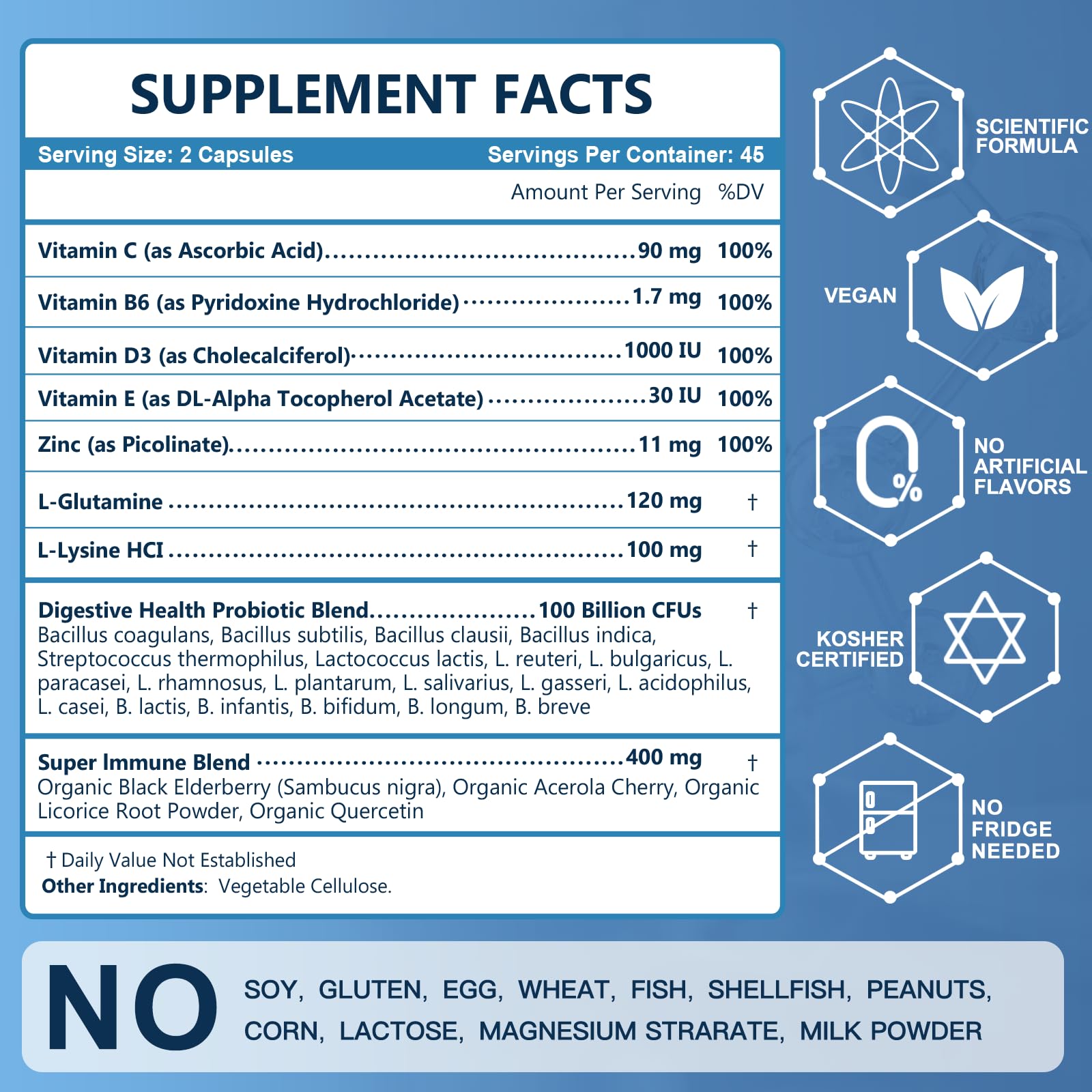NutriGut bottle side panel mentions no refrigeration and vegan capsules.