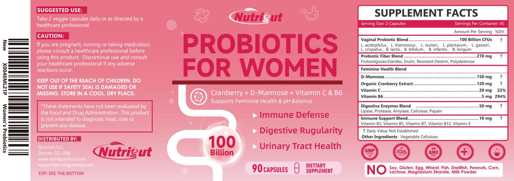 NutriGut Probiotics for Women packaging with 90 capsules and label details