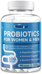 NutriGut probiotic bottle with 90 veggie caps for gut health and immune support.
