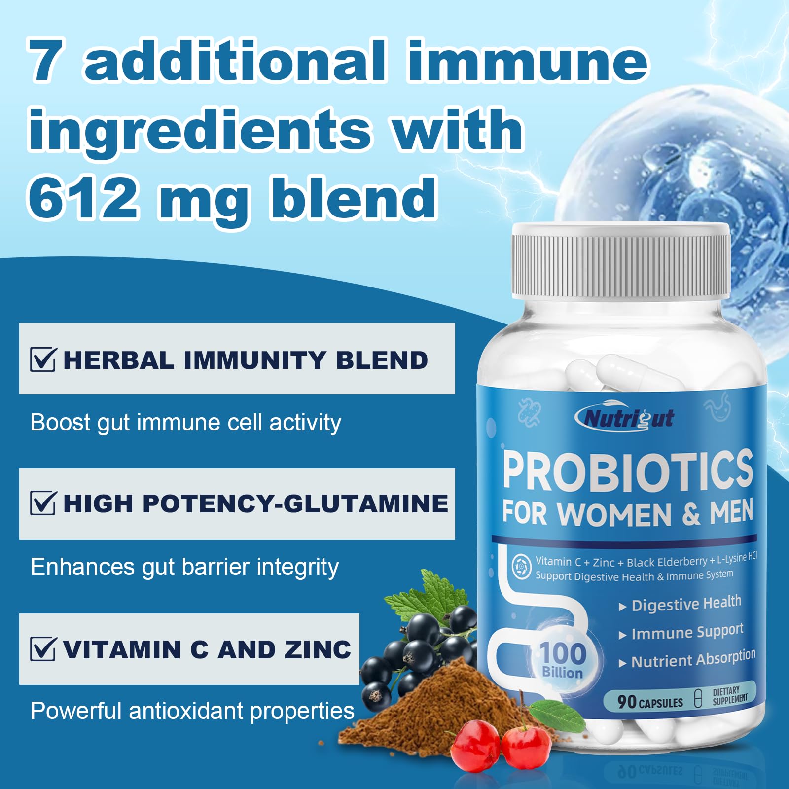 NutriGut capsules close-up showing 100B CFUs and diverse strains.