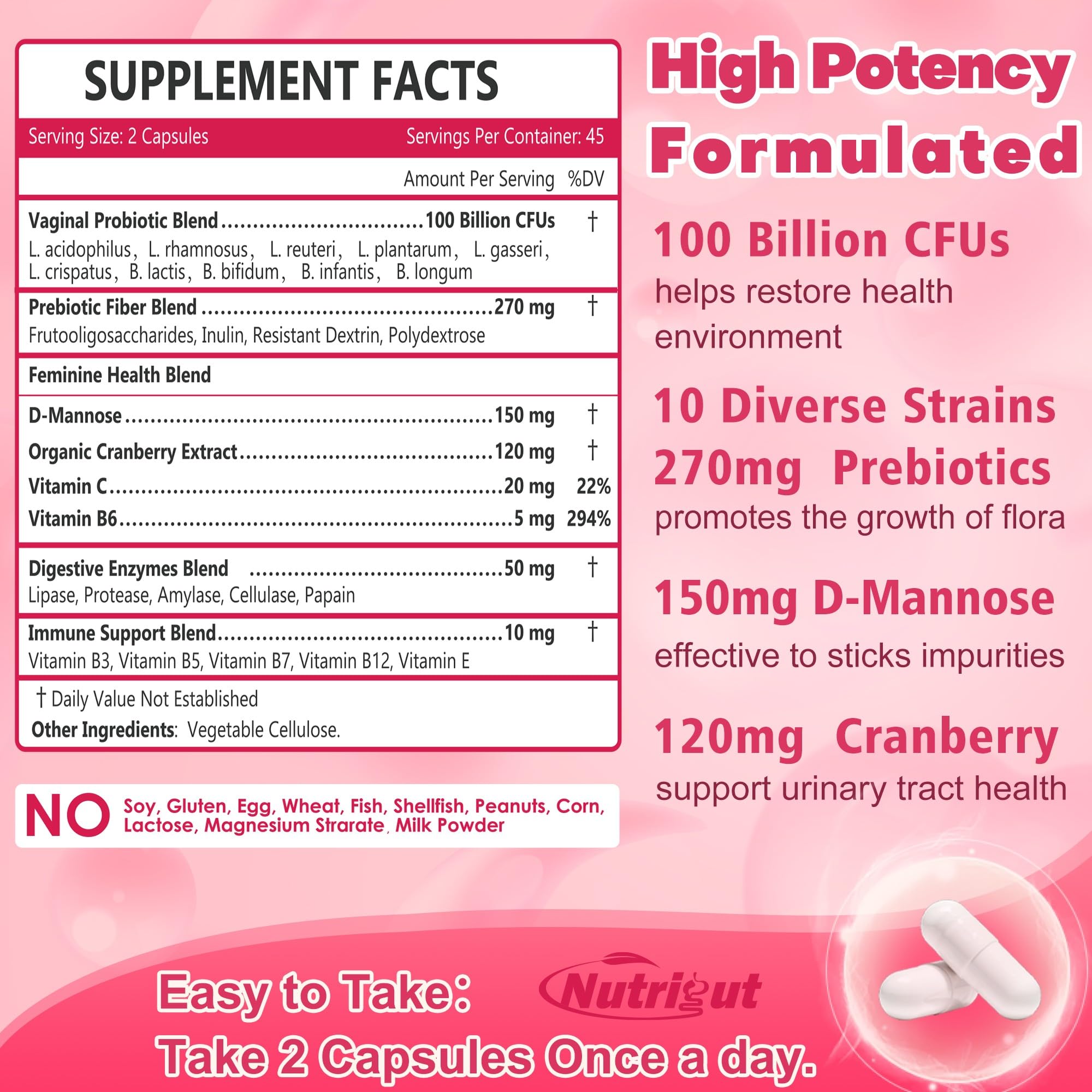 NutriGut Probiotics for Women showing two capsules as daily dosage reminder