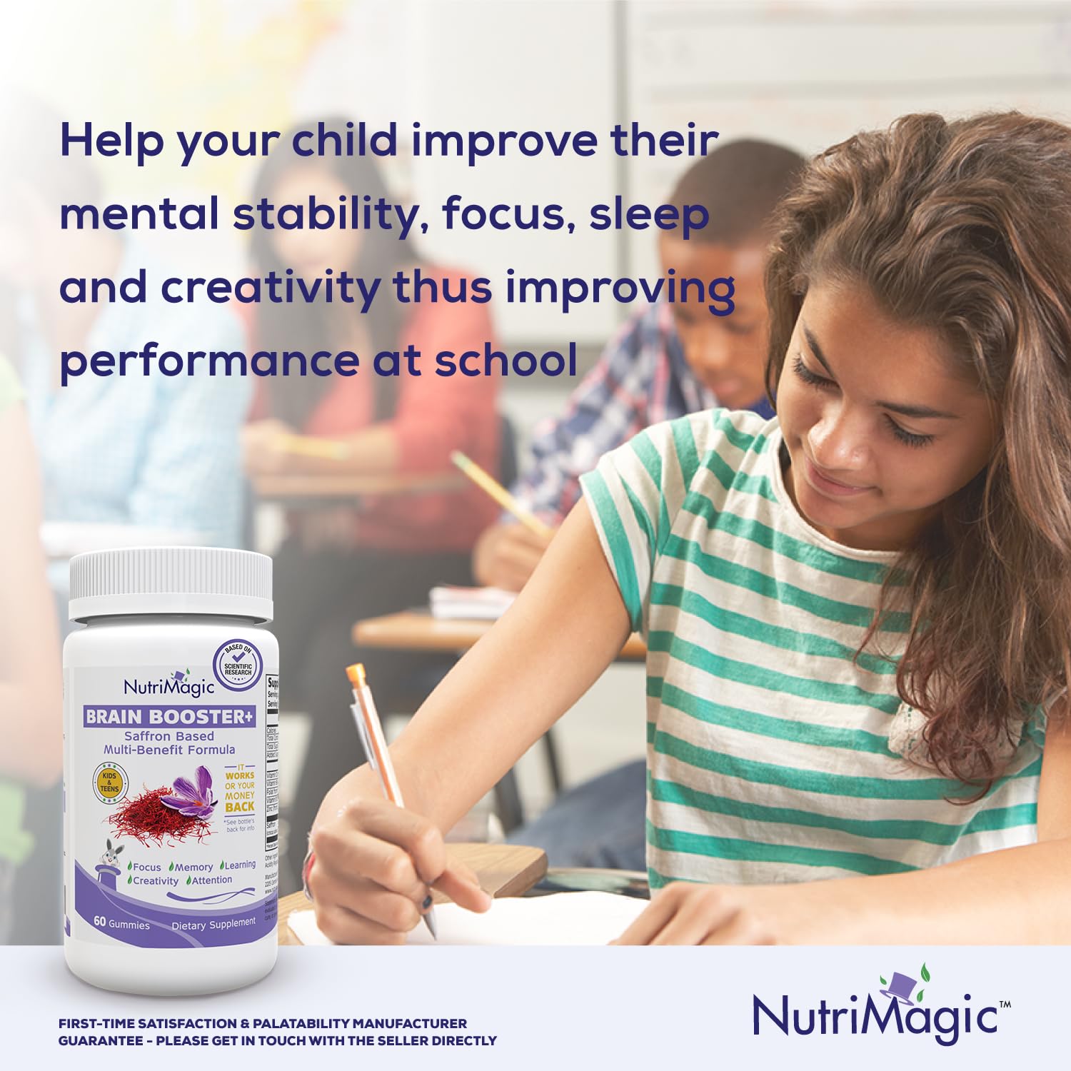 NutriMagic flavor warranty graphic emphasizes strawberry taste and kid approval.