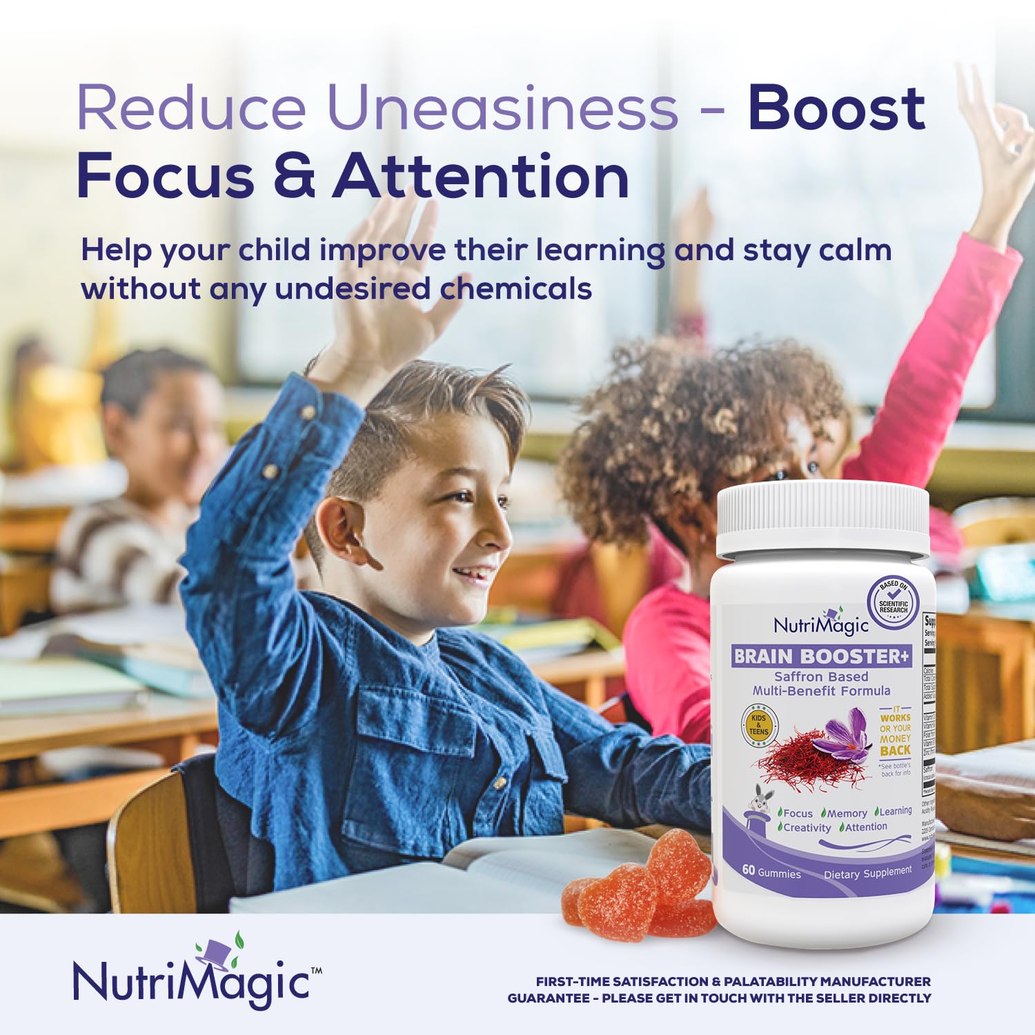 NutriMagic non-GMO nootropic kids bottle highlights clean ingredients.