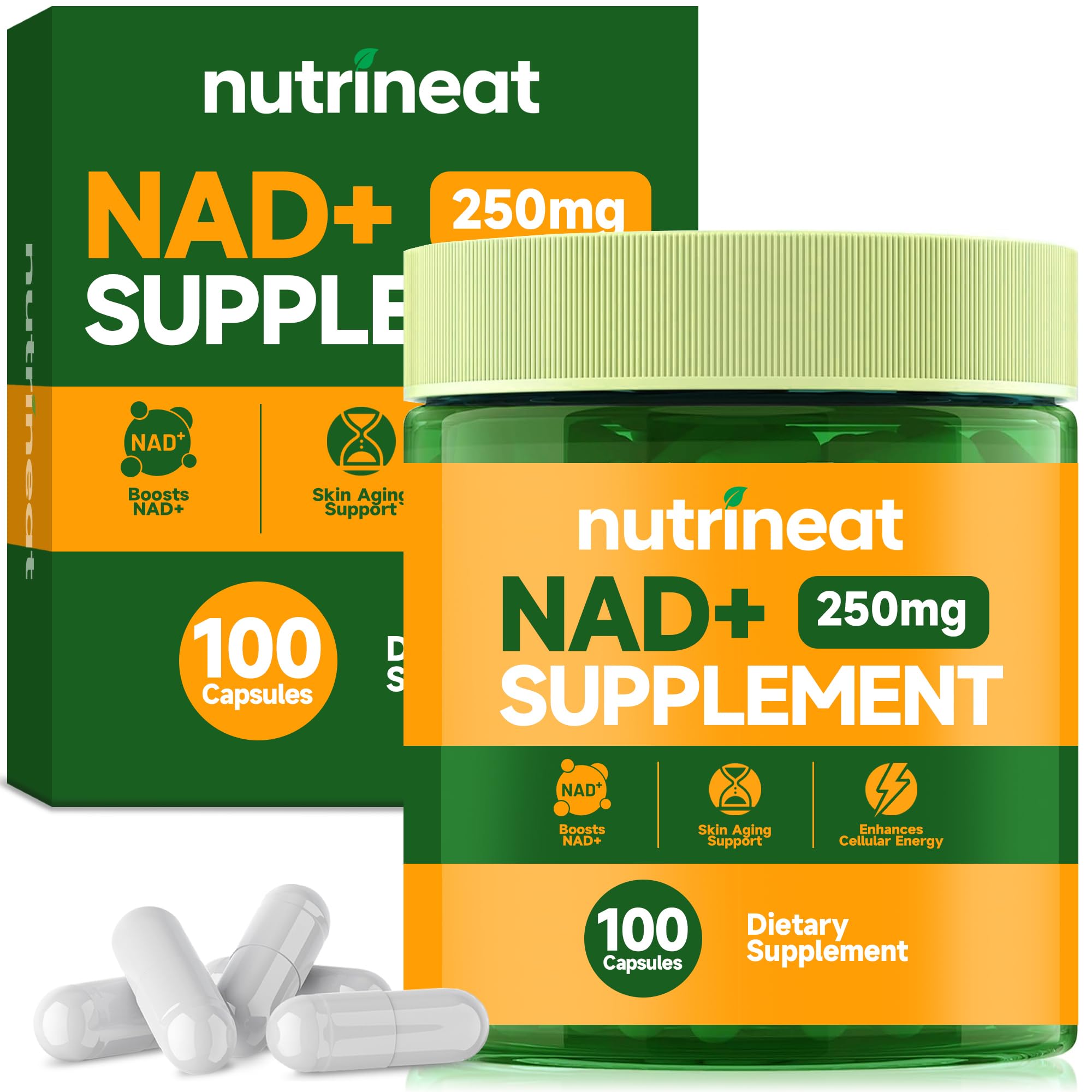 NutriNeat NAD+ bottle front shows premium formula for energy and metabolic support.