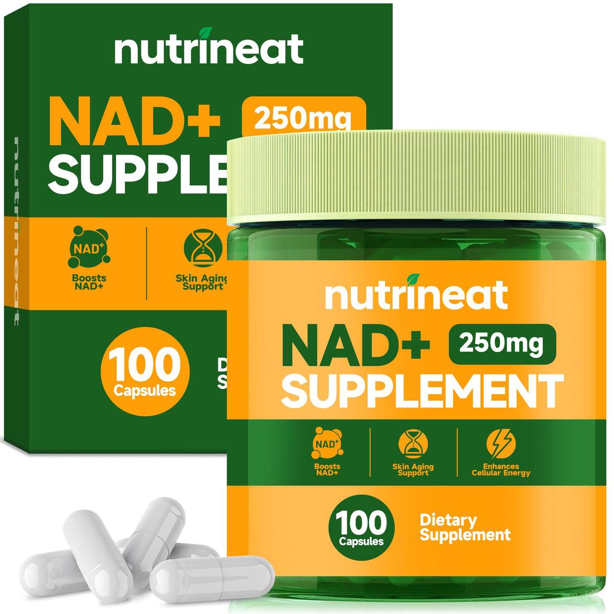 NutriNeat NAD+ bottle front shows premium formula for energy and metabolic support.