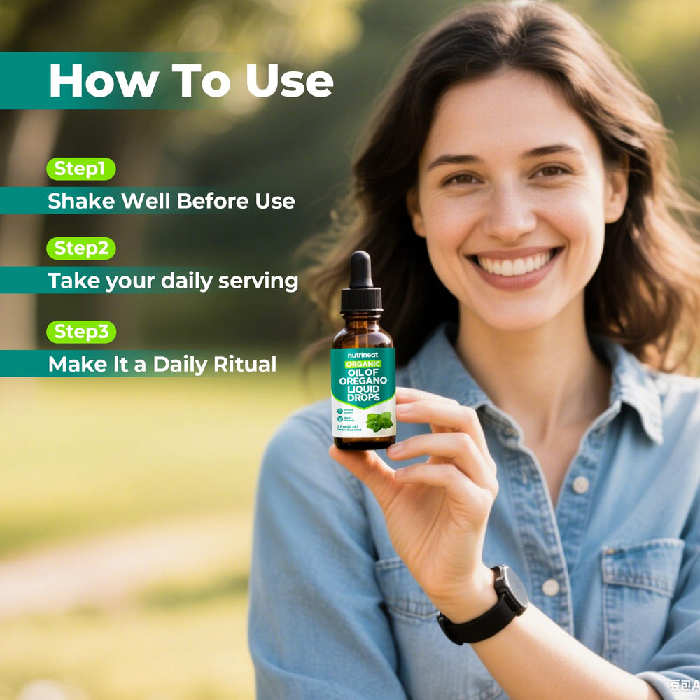 Label on NutriNeat Oregano Oil Drops with dosage guidance
