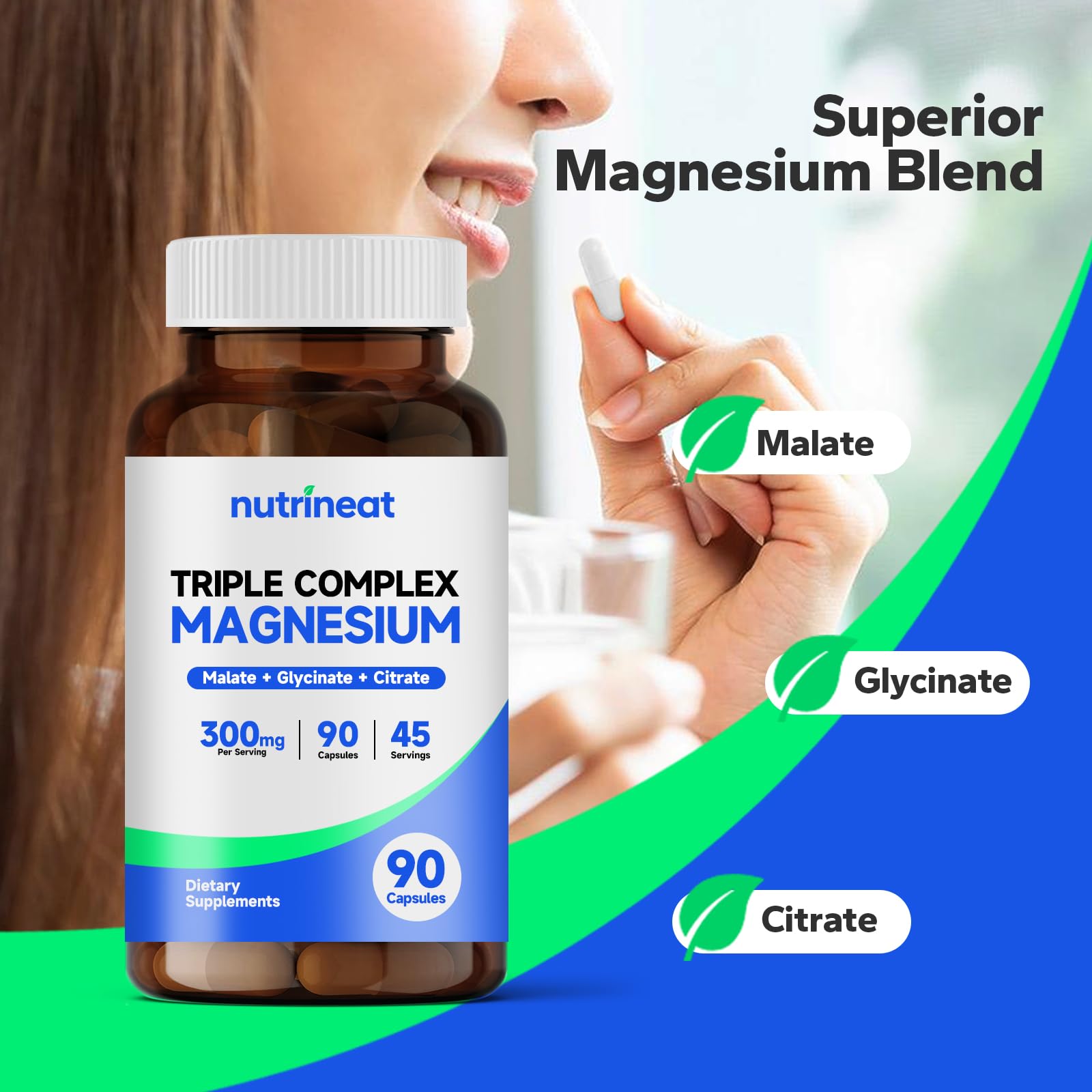 NutriNeat magnesium capsules arranged on shelf, high-absorption.