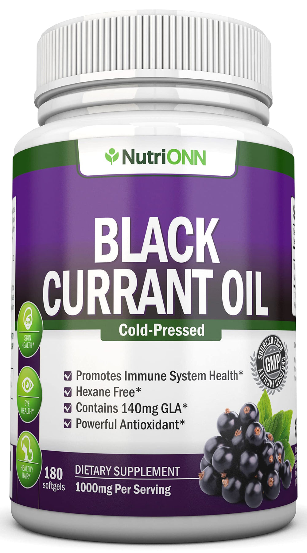 NutriONN Black Currant Oil bottle front view highlighting pure hexane-free oil
