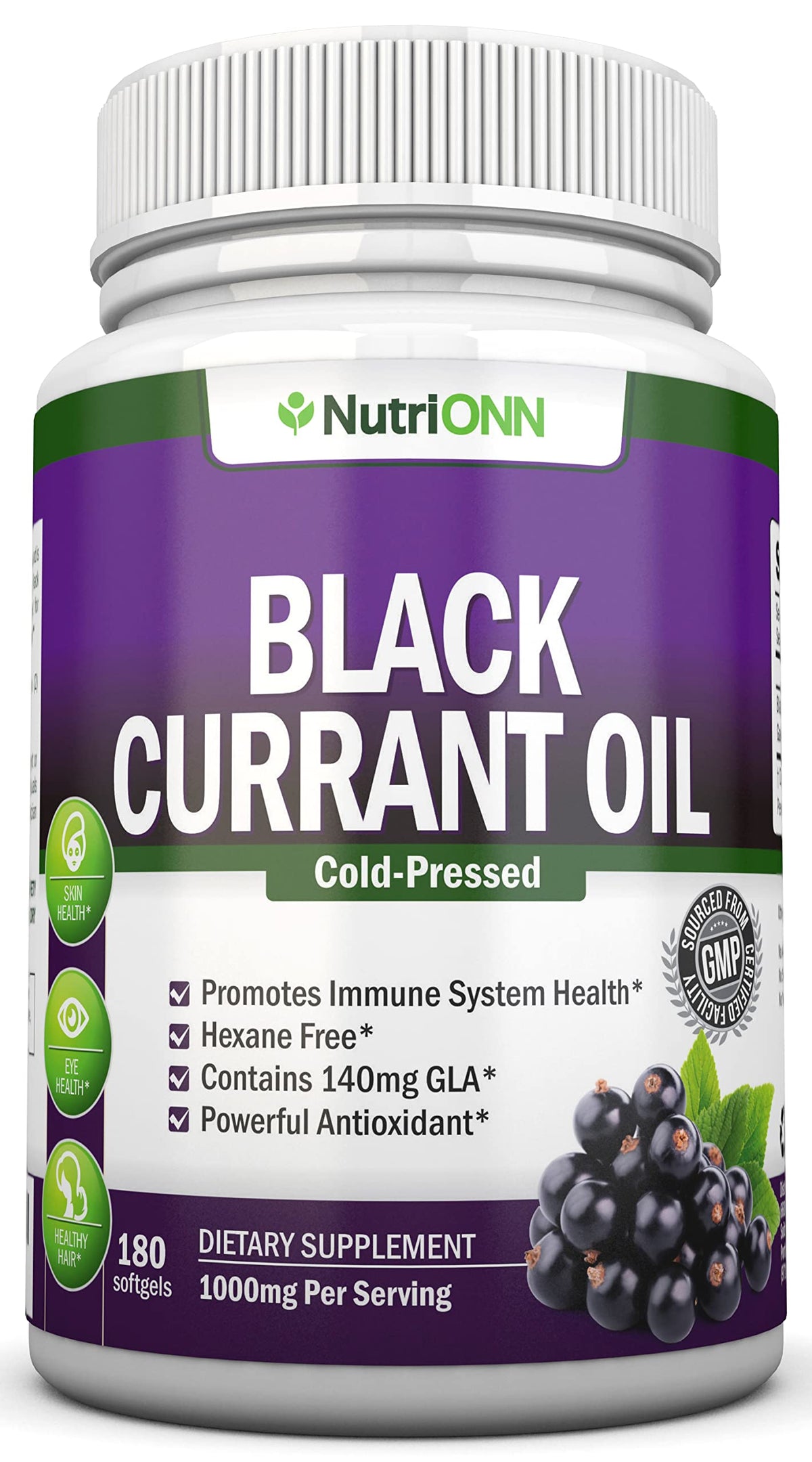 NutriONN Black Currant Oil bottle front view highlighting pure hexane-free oil