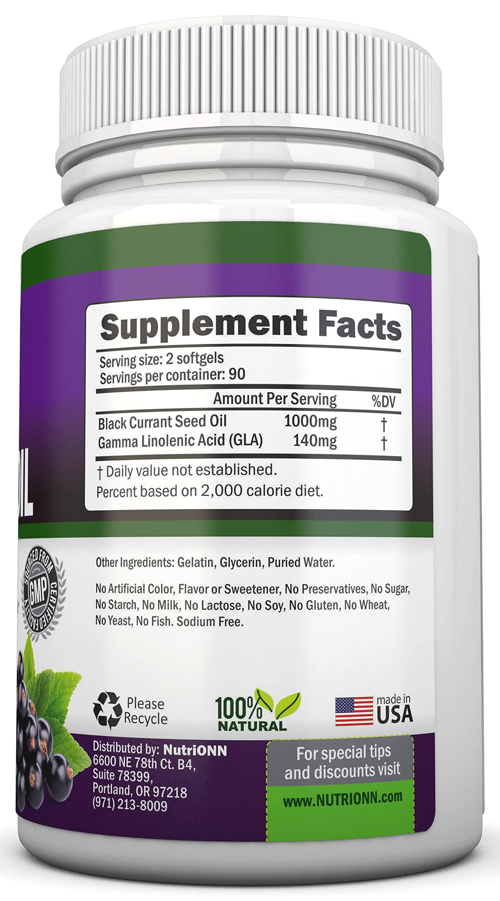 NutriONN Black Currant Oil softgels close-up showing capsules and GLA content