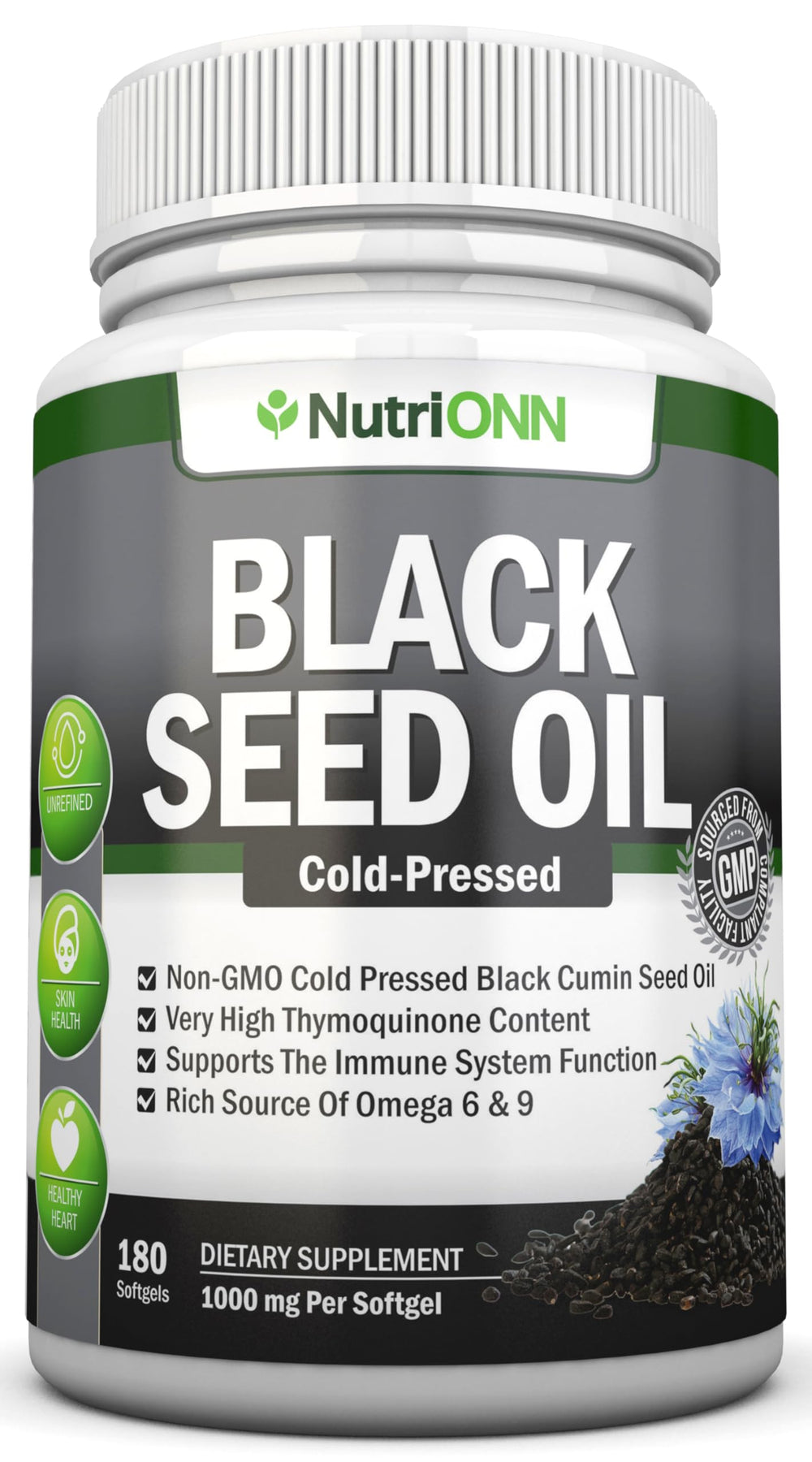 NutriONN Black Seed Oil 180 softgels provides immune support and antioxidant power.
