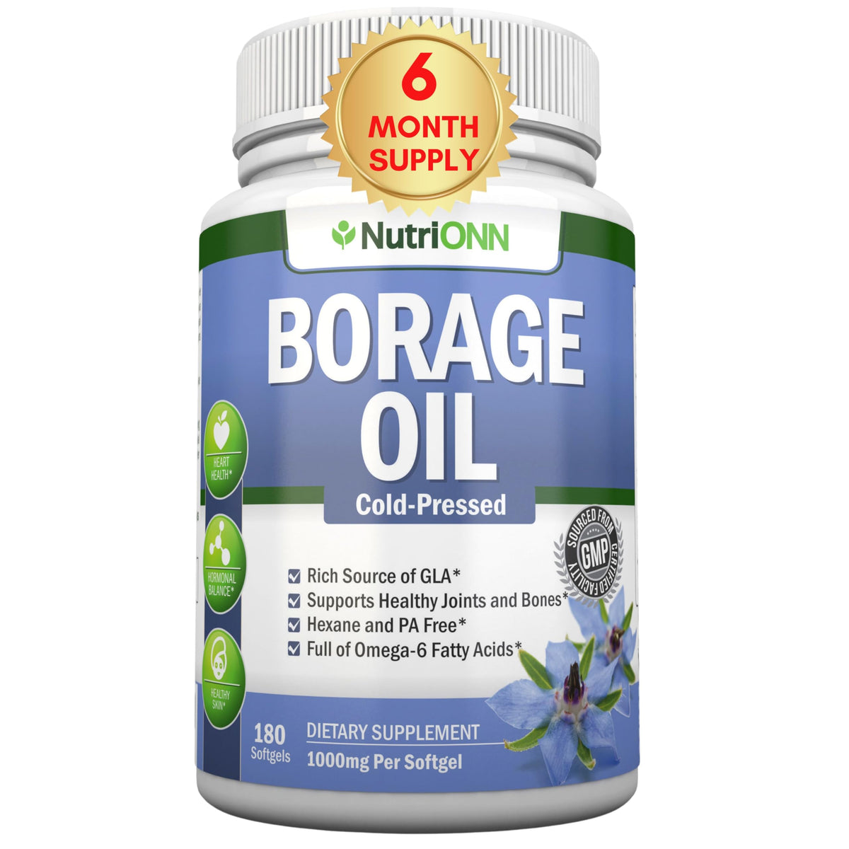 NutriONN Borage Oil bottle with high-GLA formula for skin and hair support
