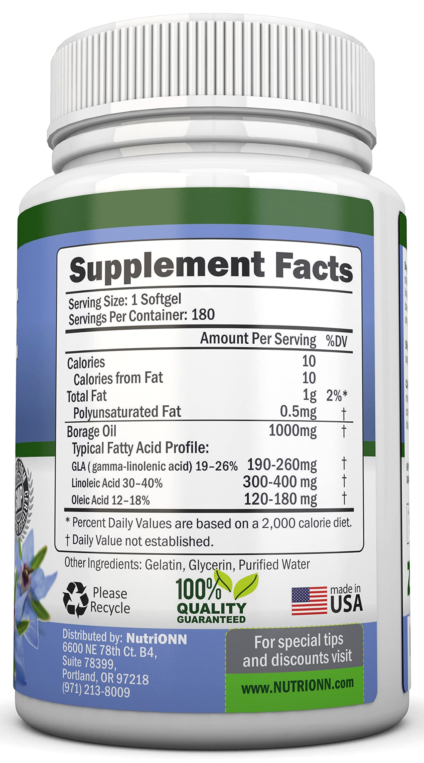 NutriONN Borage Oil softgels close-up showing capsules