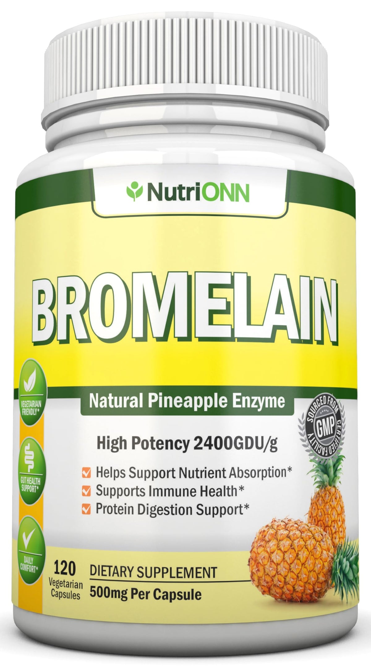 NutriONN Bromelain bottle pour highlighting potent pineapple enzyme for digestion support