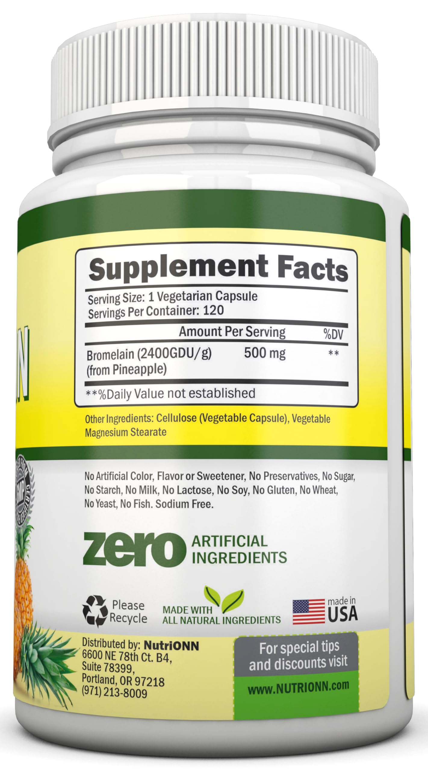 NutriONN Bromelain capsules closeup emphasizing 500mg potency and 2400 GDU