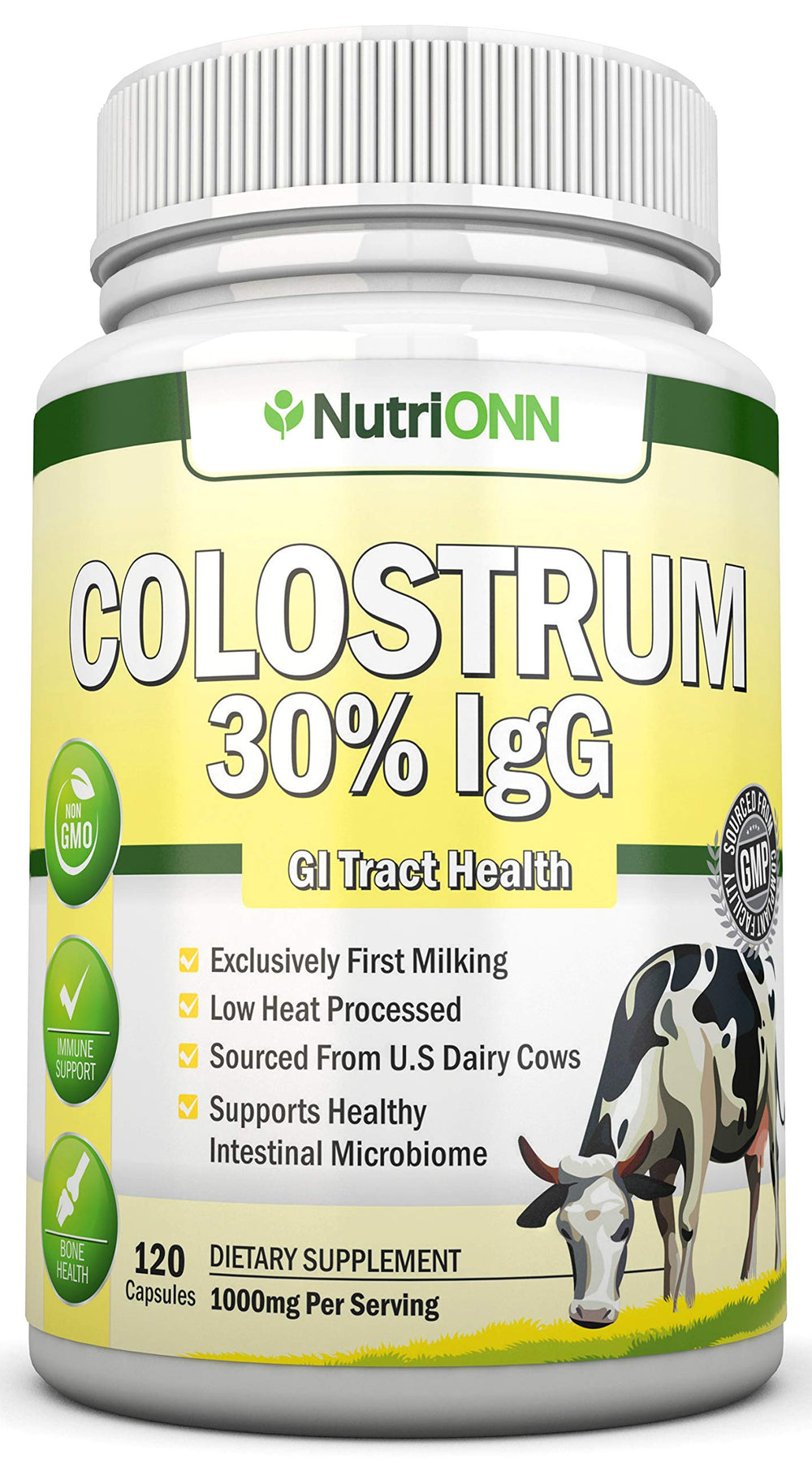 NutriONN Colostrum 1000mg bottle front showing packaging and branding for credibility