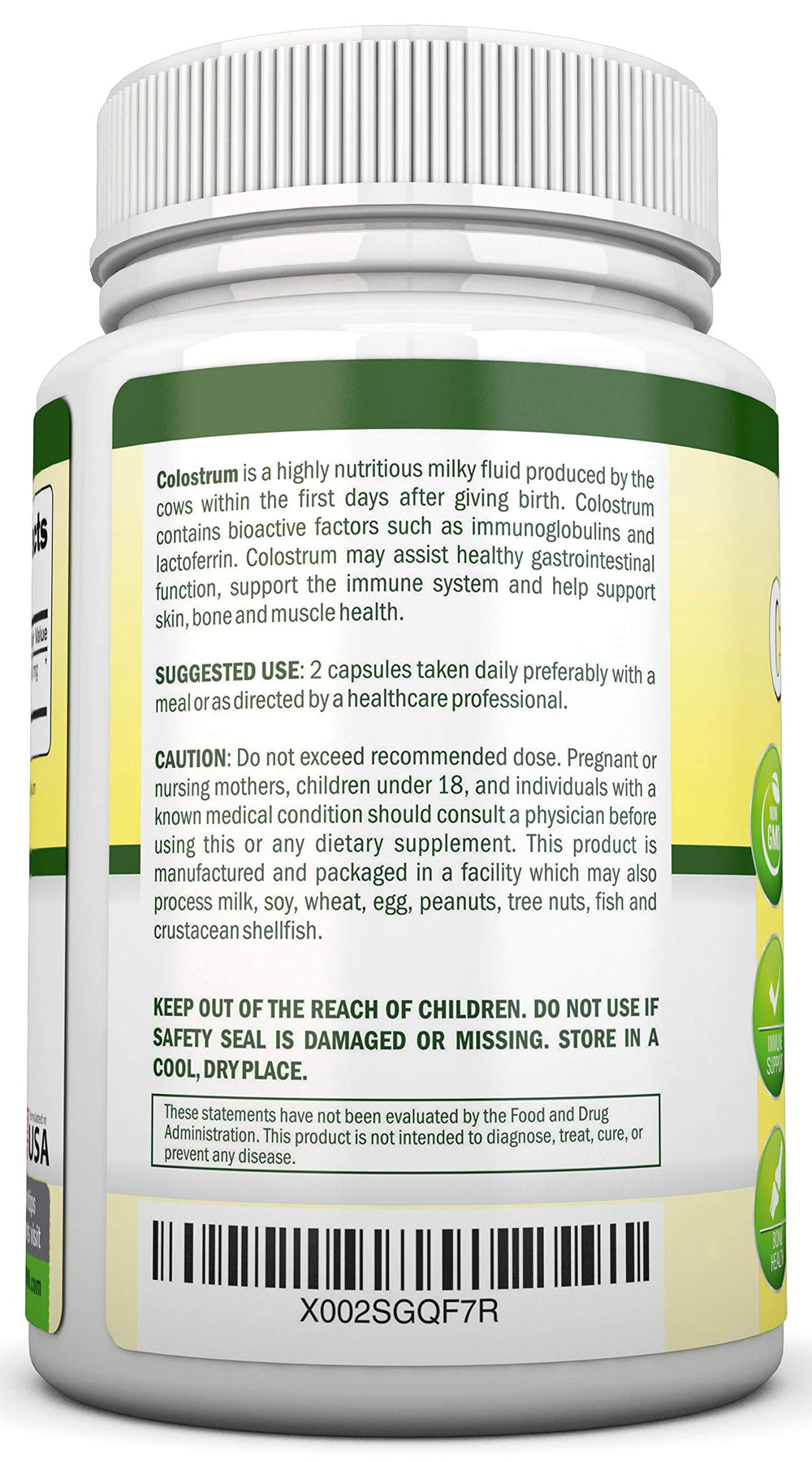 NutriONN Colostrum bottle label noting first milking origin and processing
