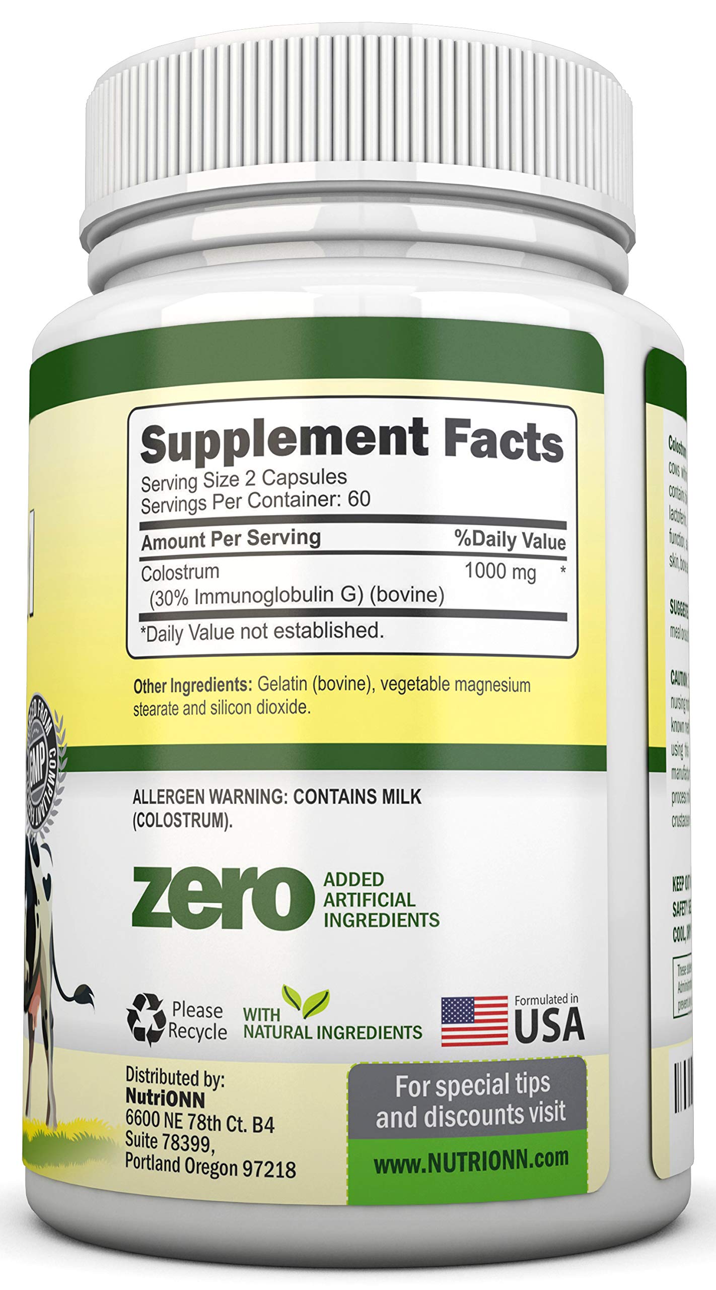 NutriONN Colostrum 1000mg capsules closeup highlighting capsule quality