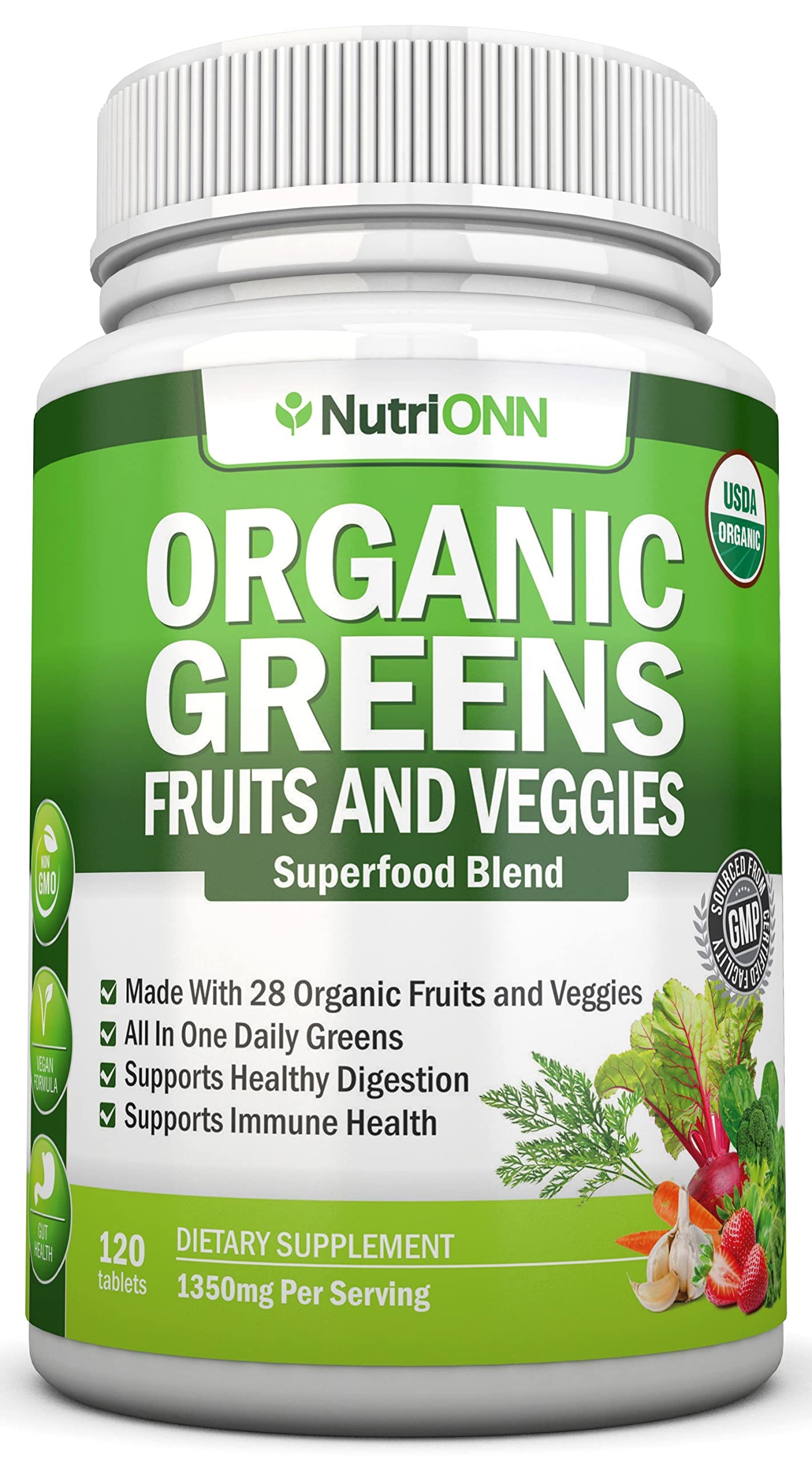 NutriONN Organic Super Greens capsules bottle for daily nourishment with 28 organic ingredients.
