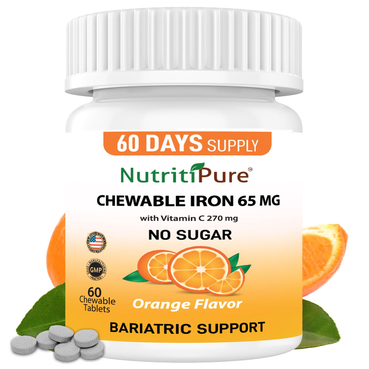 NutritiPure chewable iron tablets for easy daily iron intake with no bitter aftertaste.
