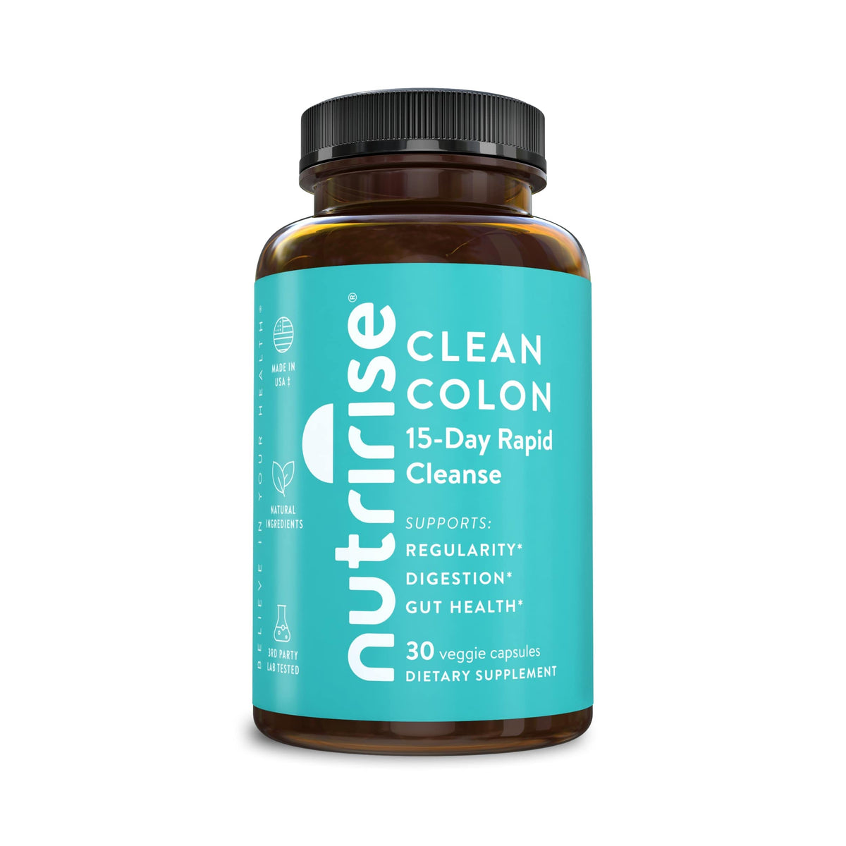 NutriRise 15 Day Cleanse packshot showing bottle and capsules for digestive refresh.