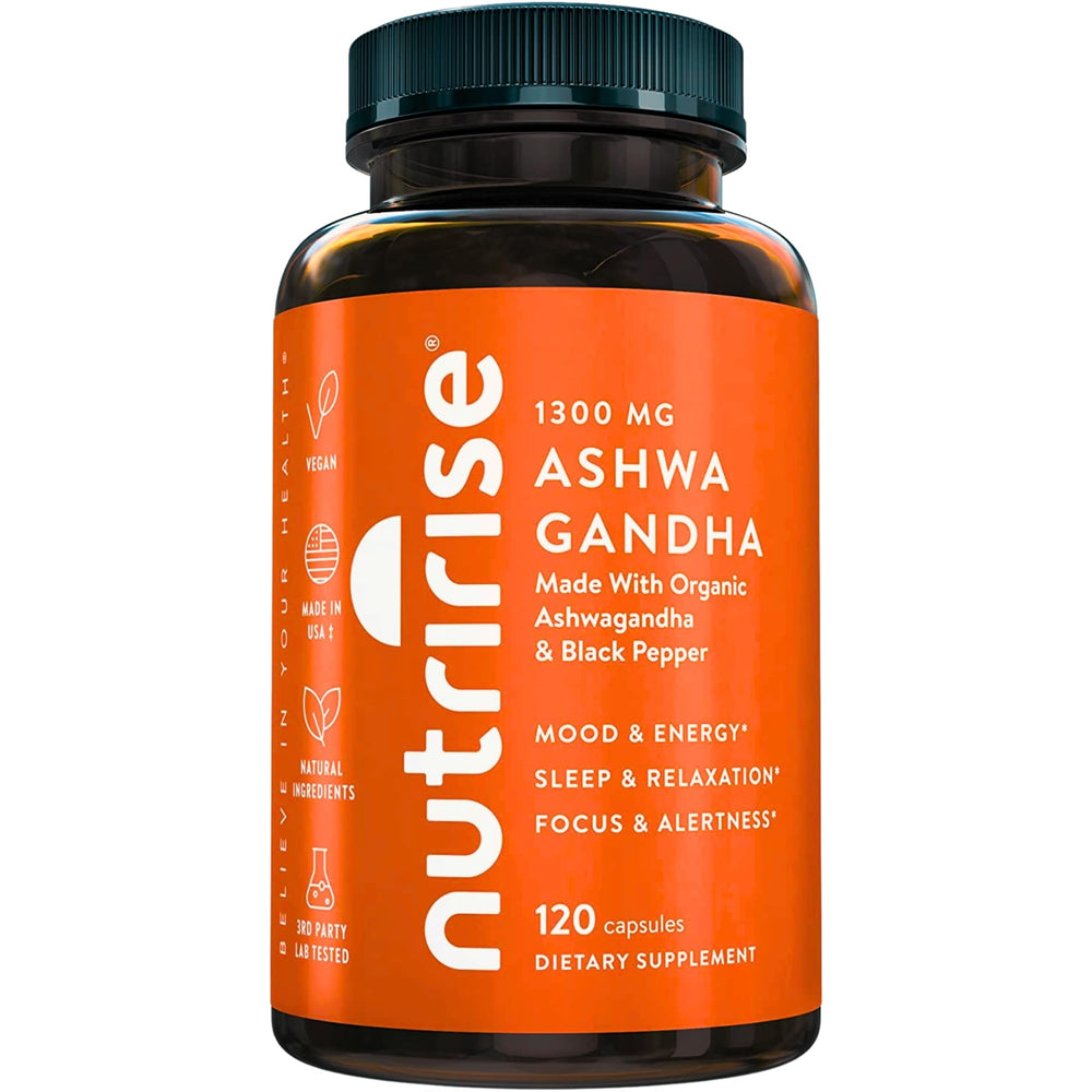 NutriRise Ashwagandha bottle with capsules for daily stress support.
