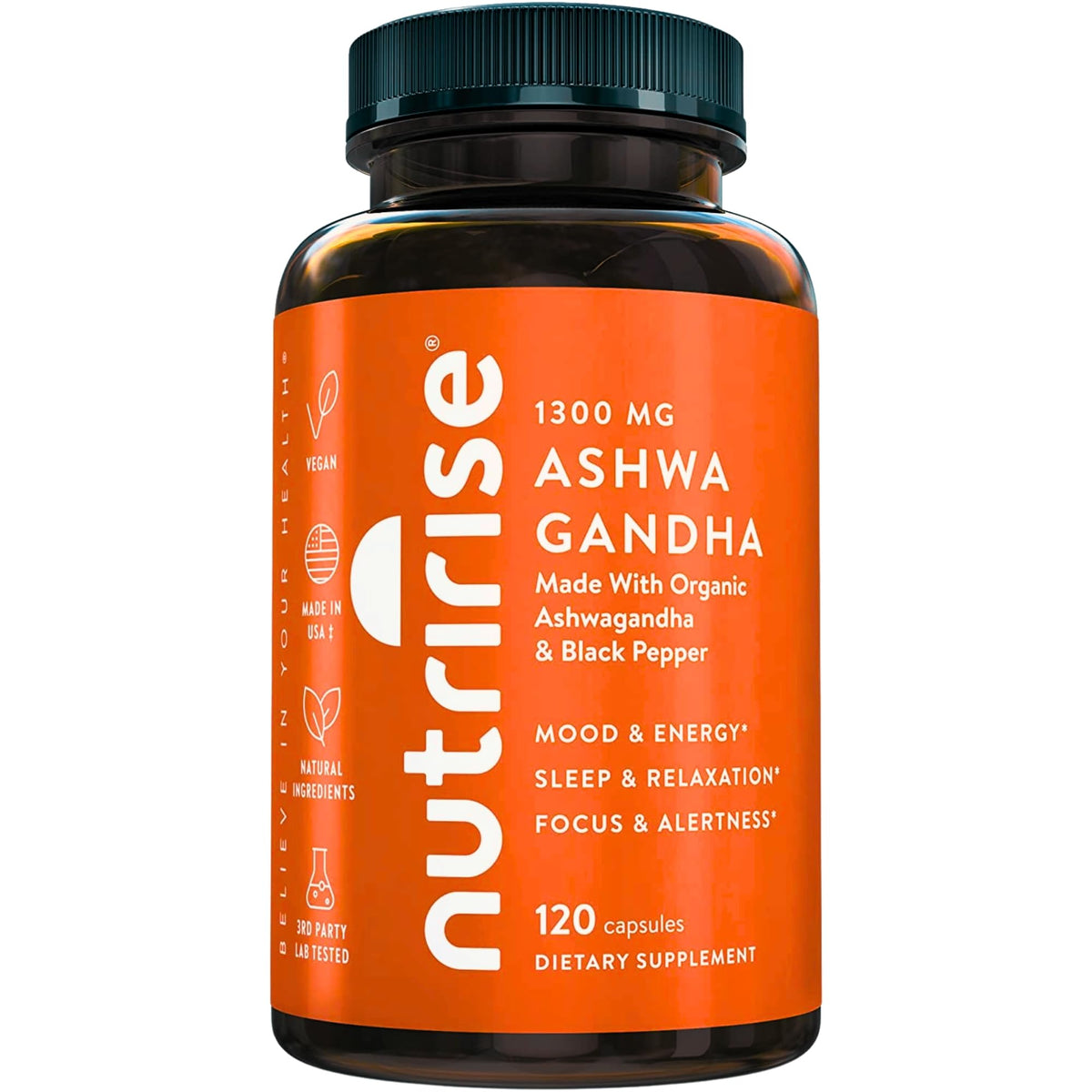 NutriRise Ashwagandha bottle with capsules for daily stress support.
