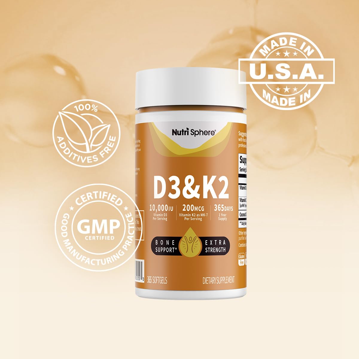 NutriSphere D3 K2 bottle on store shelf demonstrating easy to swallow softgels.