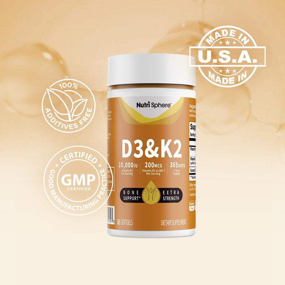 NutriSphere D3 K2 bottle on store shelf demonstrating easy to swallow softgels.