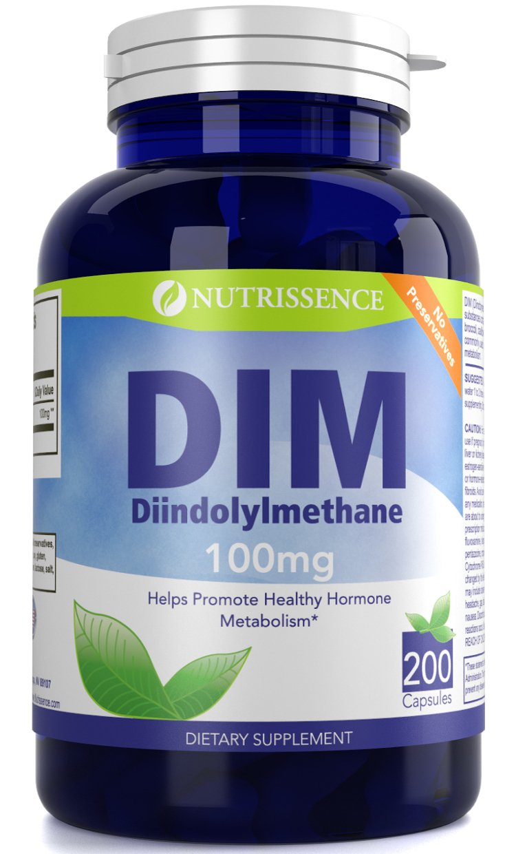Nutrissence DIM 100mg capsules shown for convenient daily support of healthy hormone metabolism.