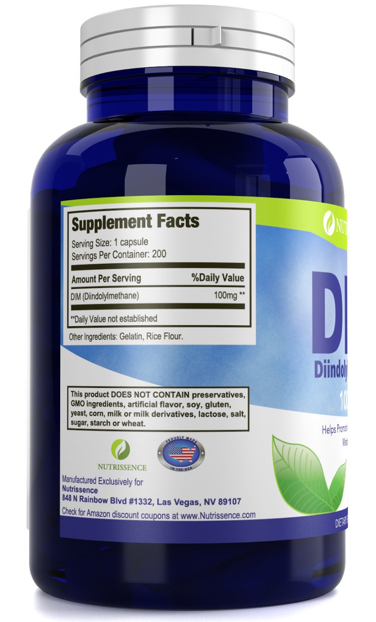 Nutrissence DIM bottle label closeup emphasizes the 200 capsules for easy daily regimen and potential hormone support.