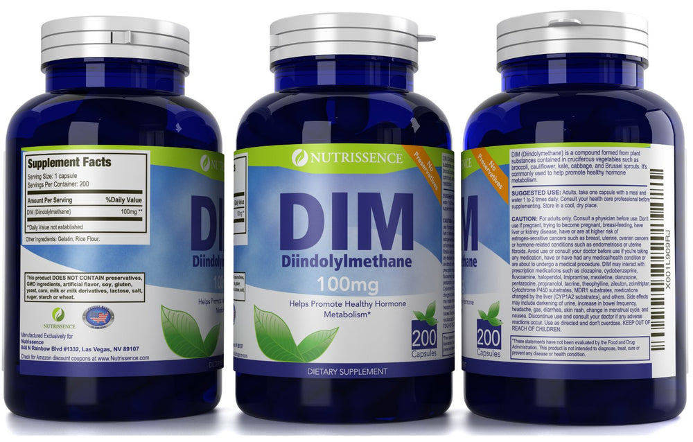 Nutrissence DIM packaging inside box highlights 200 capsules ready for a consistent routine and adherence.