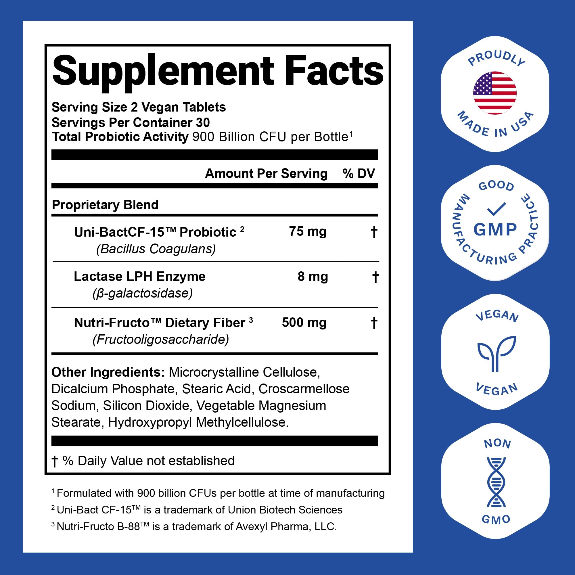 Nutrition Essentials Probiotics label close-up highlighting lactase and prebiotic fiber.
