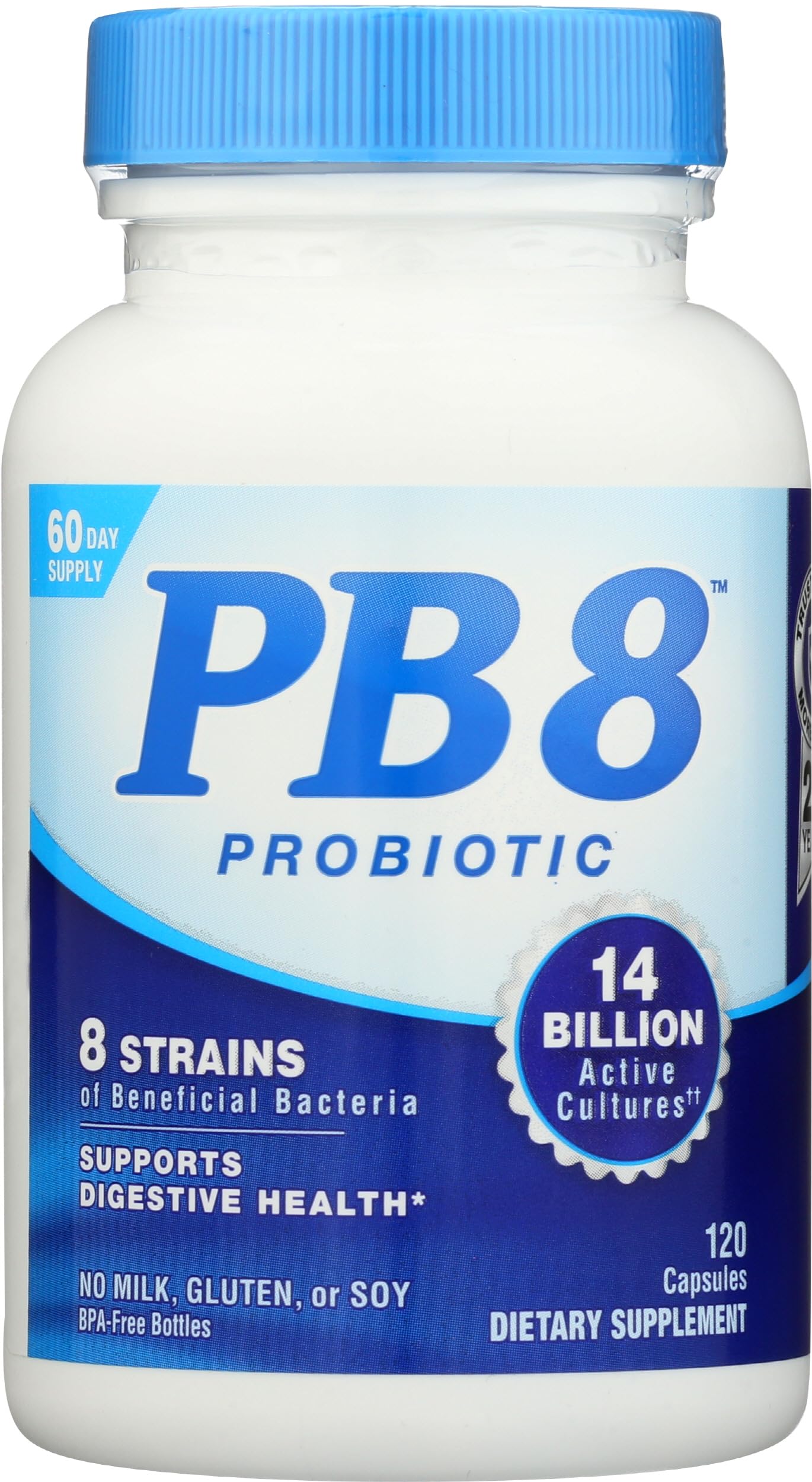 Nutrition Now PB8 Acidophilus probiotic bottle with 120 gluten-free capsules for daily use.