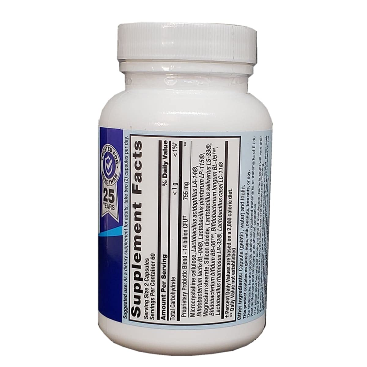 Nutrition Now Pb 8 Acidophilus label close-up shows clean ingredients and allergen guidance.
