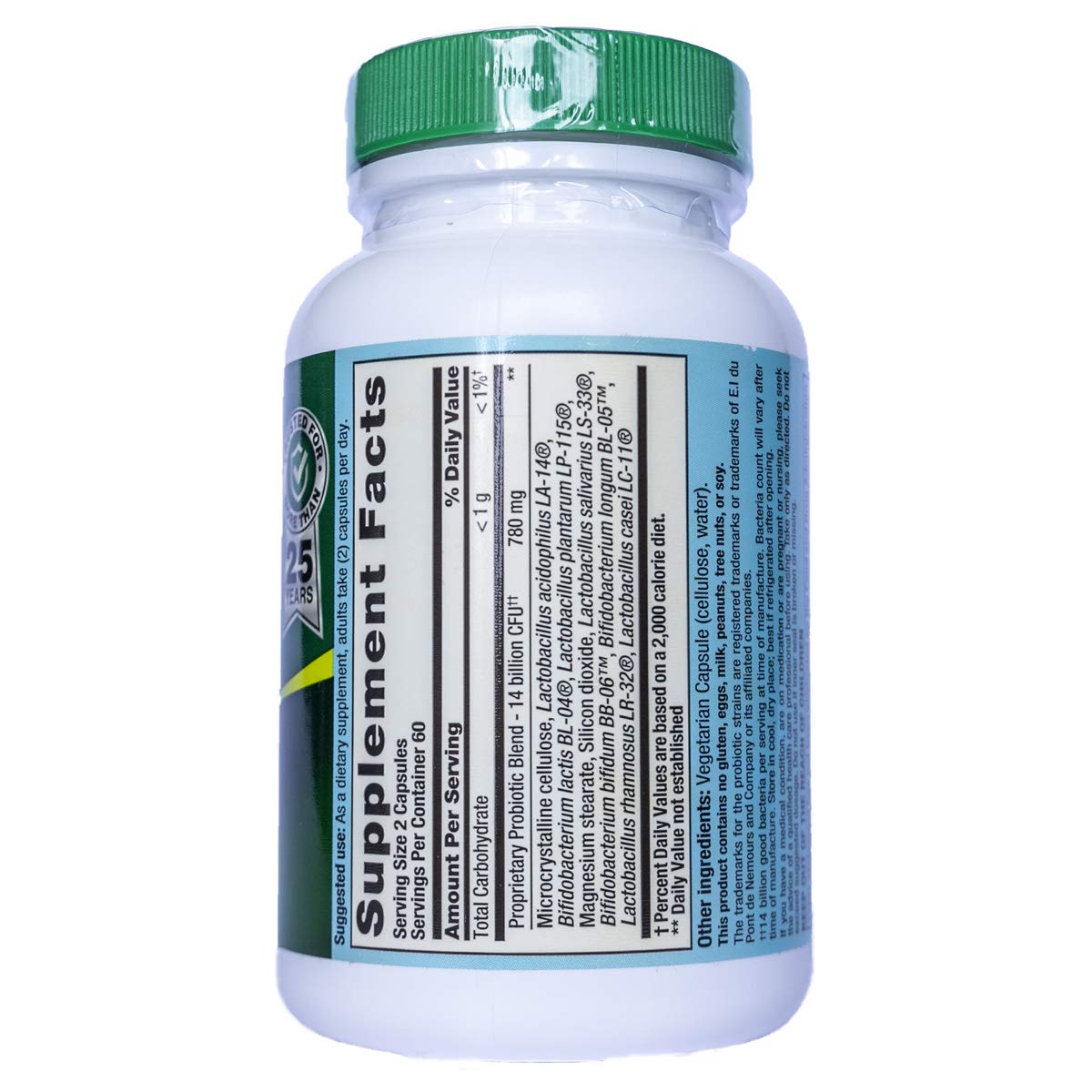Nutrition Now PB8 Acidophilus Veg label view, vegetarian probiotic with inulin feature.