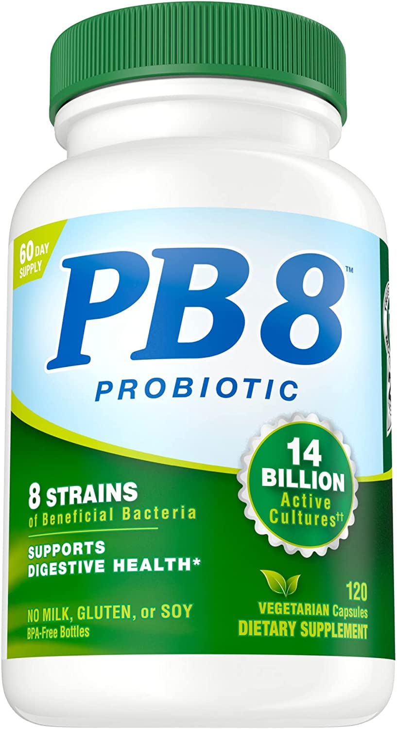 Nutrition Now PB8 probiotic bottle with 120 vegetarian capsules for daily digestive support