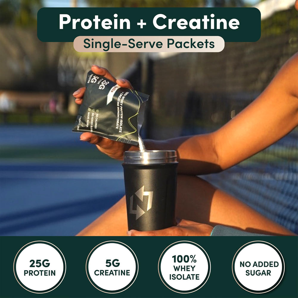 Nutrition On The Go whey packets chocolate torn open for quick on-the-go fueling.