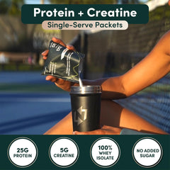 Nutrition On The Go whey packets chocolate torn open for quick on-the-go fueling.