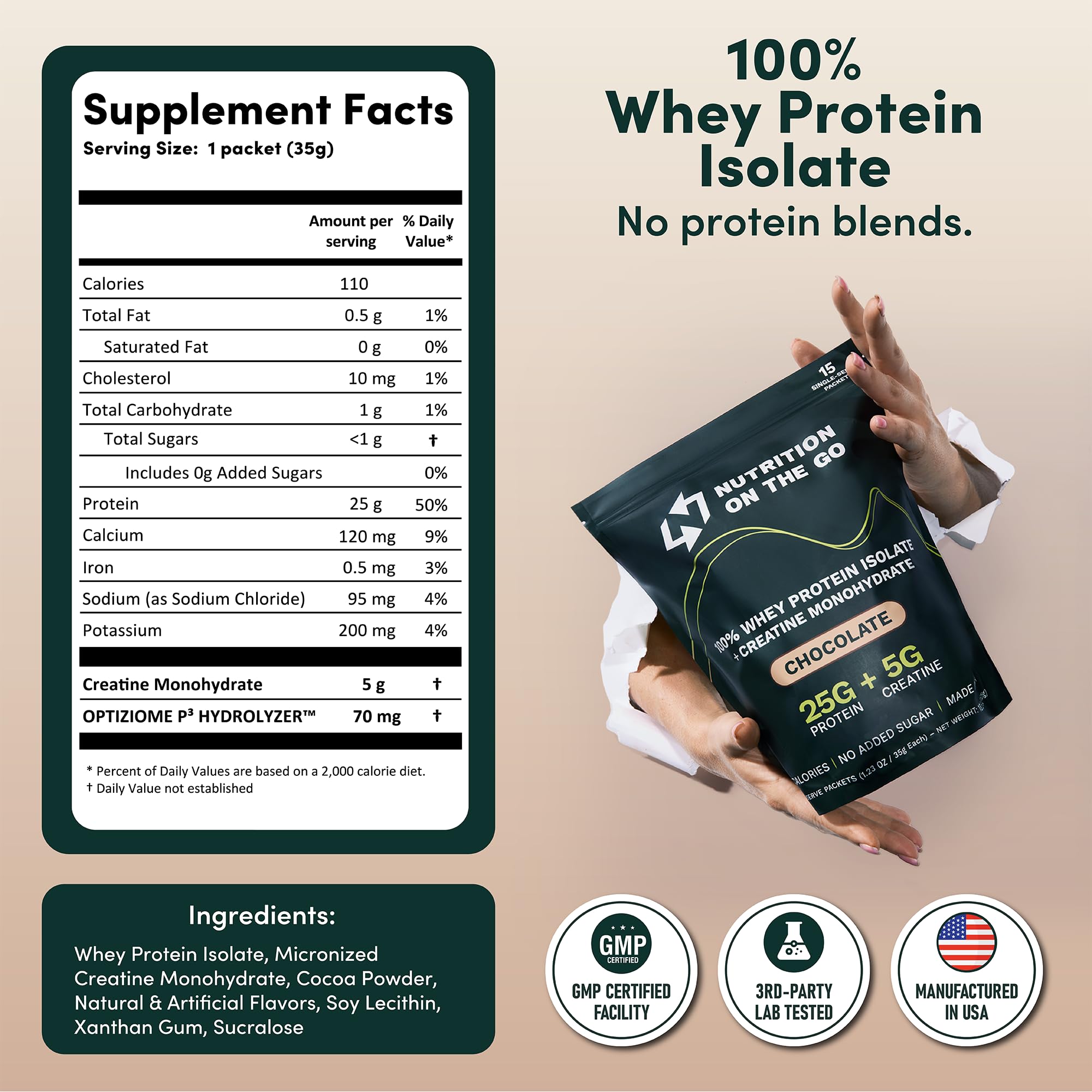 Nutrition On The Go whey packets chocolate in a travel bag ready for workouts.